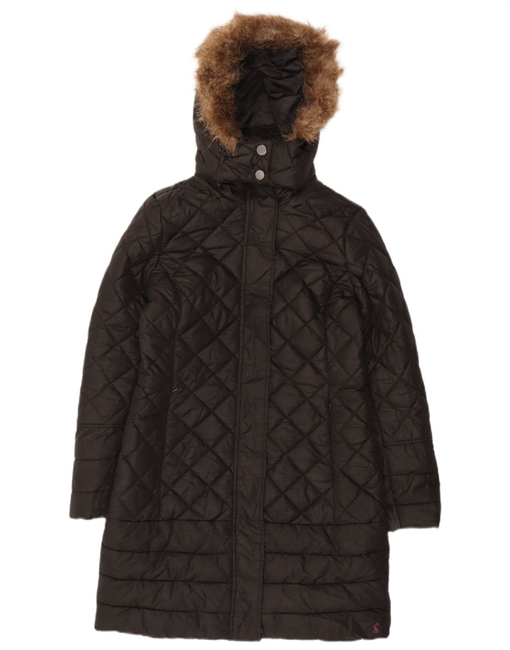 Joules Womens Hooded Quilted Overcoat UK 10 Small Black Polyester