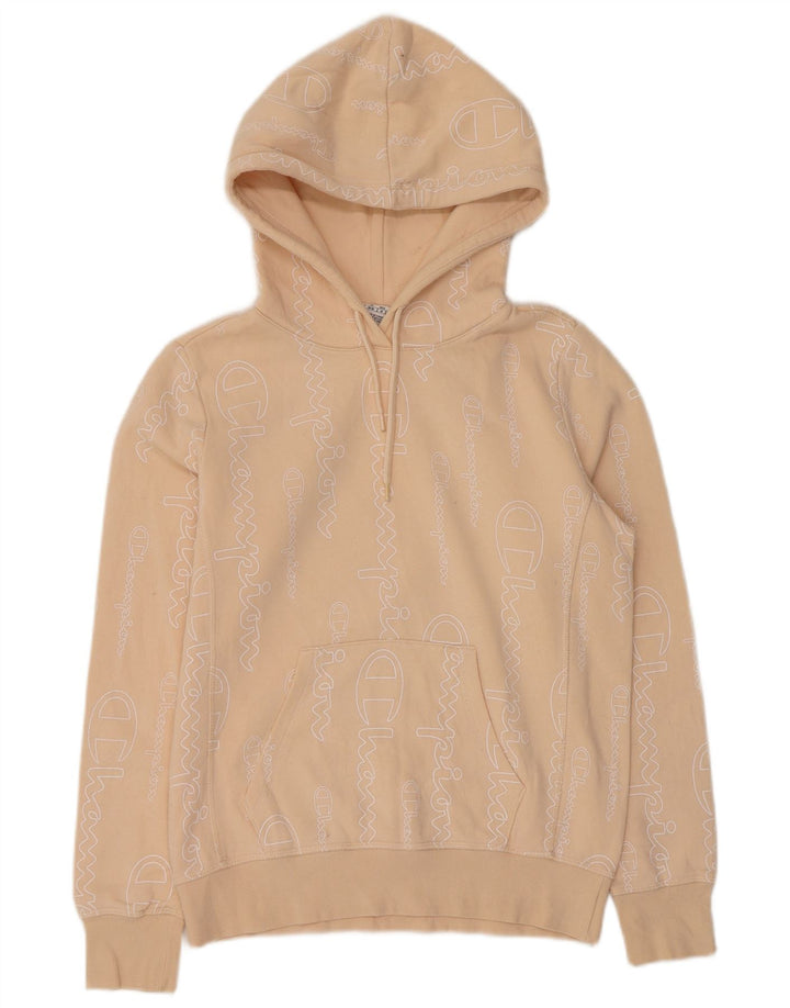 Champion Womens Graphic Hoodie Jumper UK 12 Medium Beige