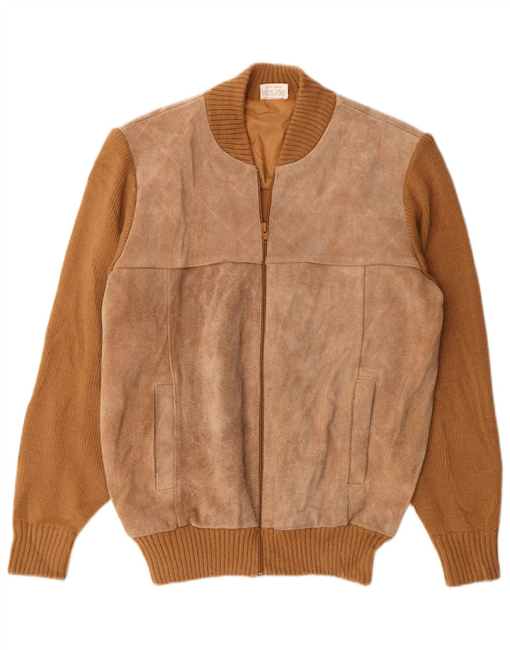 VINTAGE Womens Suede Cardigan Sweater IT 48 XL Brown Polyacrylic