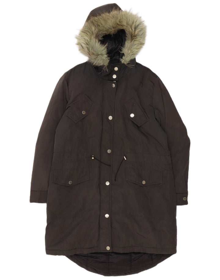 Trussardi Womens Hooded Oversized Padded Coat IT 44 Medium Brown Nylon