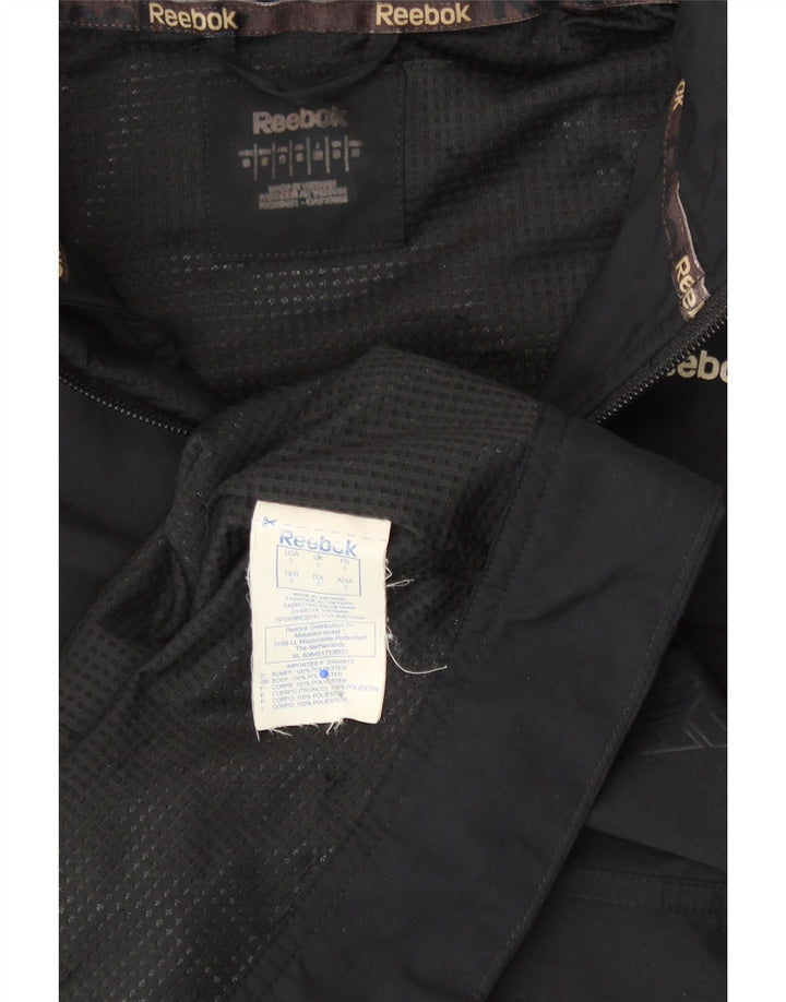 REEBOK Womens Hooded Tracksuit Top Jacket UK 10 Small Black Geometric