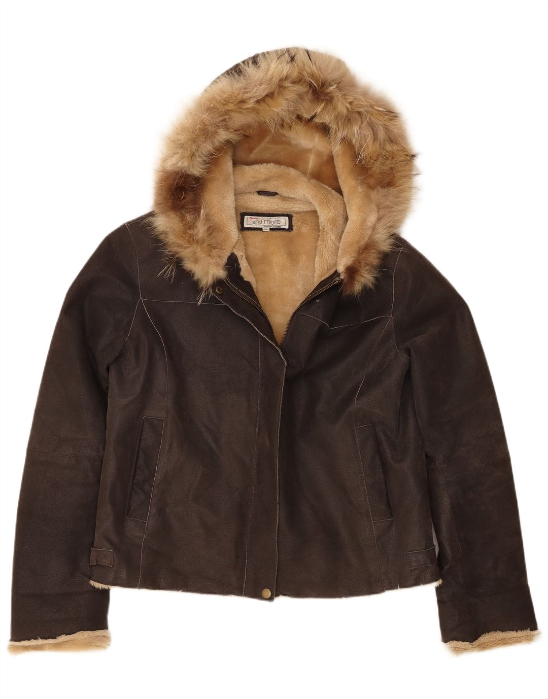 Bata and More Womens Hooded Shearling Jacket IT 46 Large Brown Leather