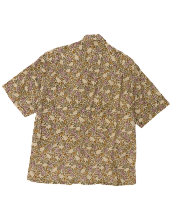 Vintage Mens Short Sleeve Shirt Large Beige Floral Flax