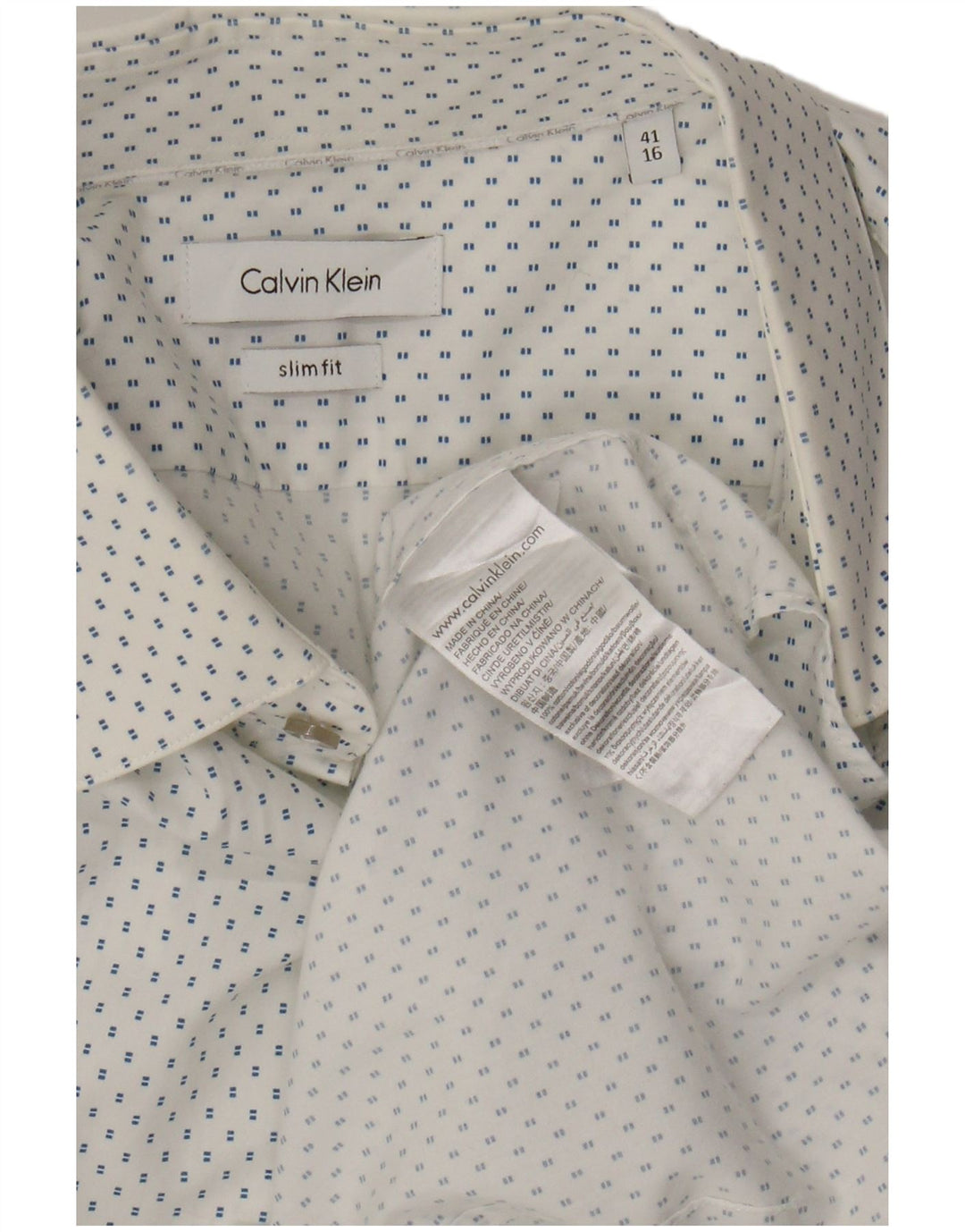 CALVIN KLEIN Mens Slim Fit Shirt Size 41 16 Large White Spotted Cotton