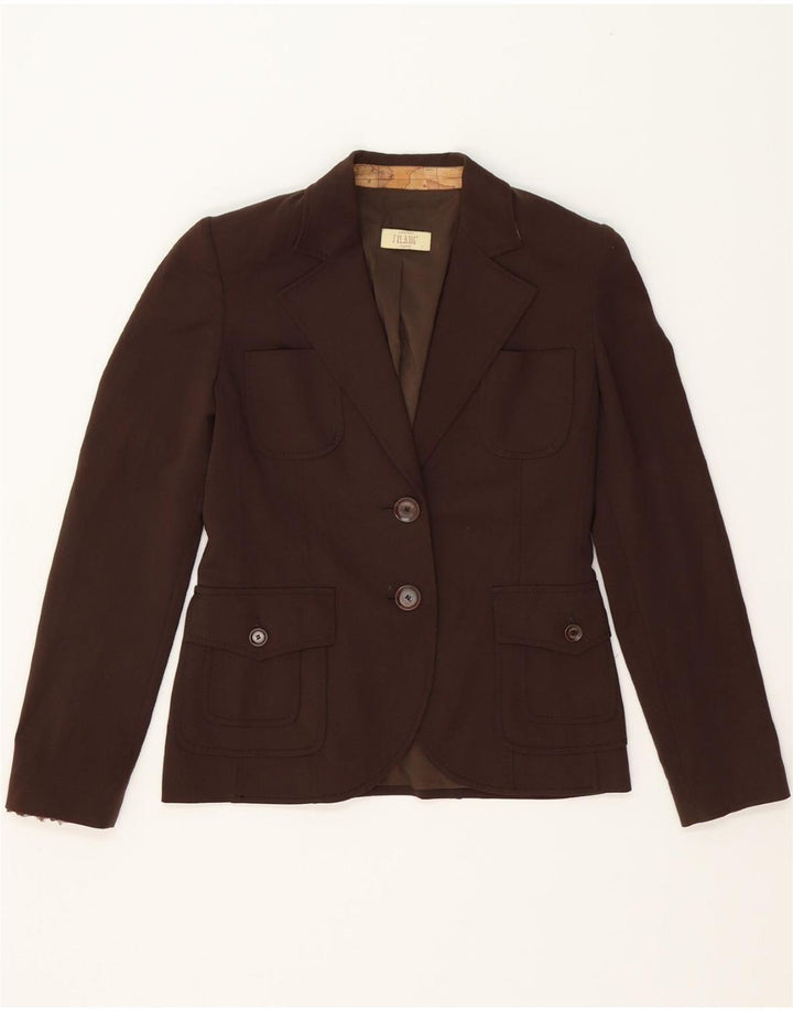 ALVIERO MARTINI Womens 2 Button Blazer Jacket UK 8 Small Brown Polyester Vintage ALVIERO MARTINI and Second-Hand ALVIERO MARTINI from Messina Hembry 