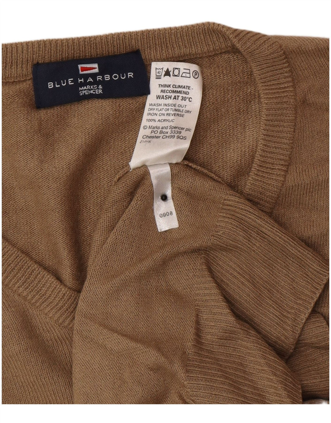 Marks & Spencer Mens Blue Harbour V-Neck Jumper Sweater Small Brown Acrylic