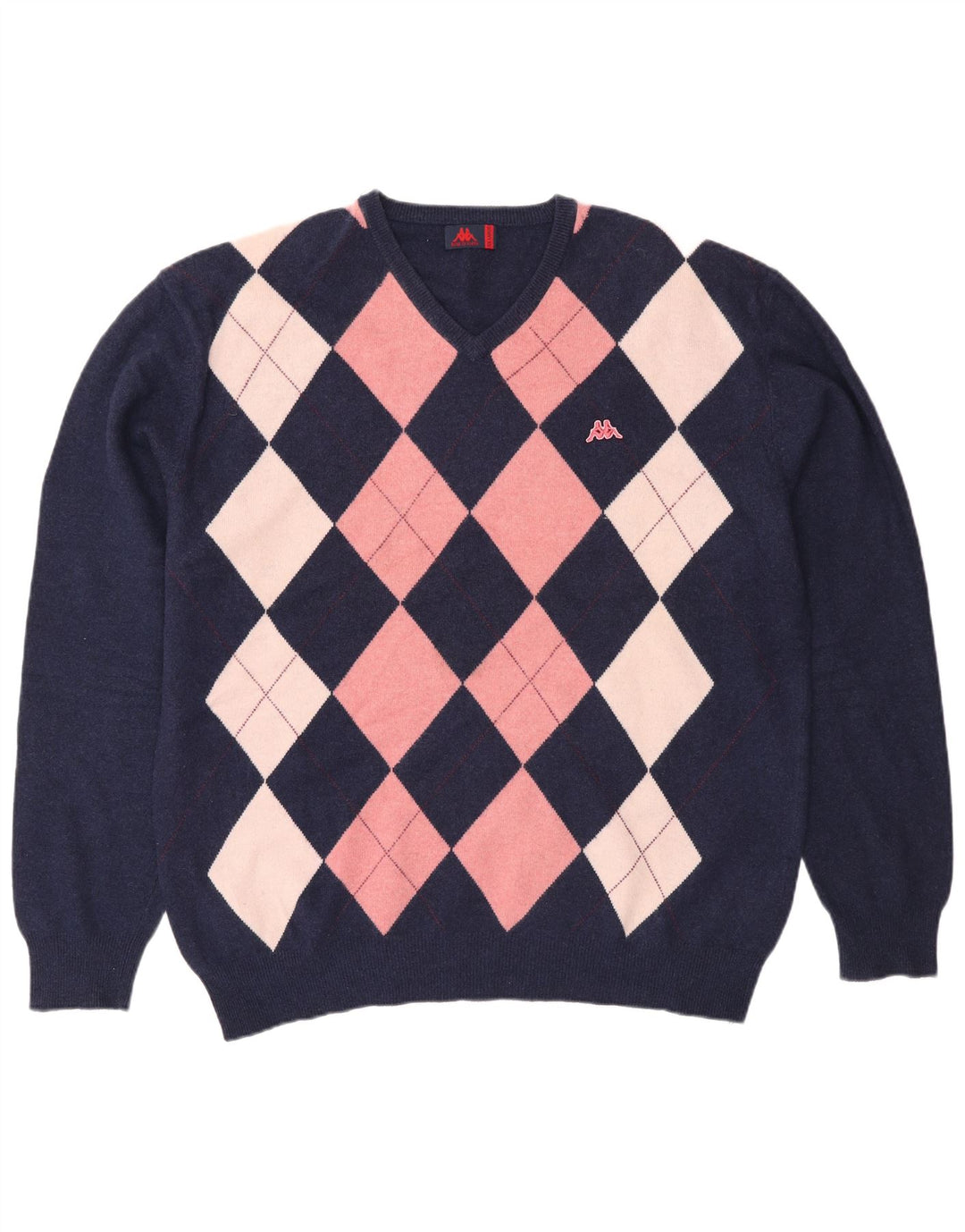 Kappa Mens V-Neck Jumper Sweater 2XL Navy Blue Argyle/Diamond Wool