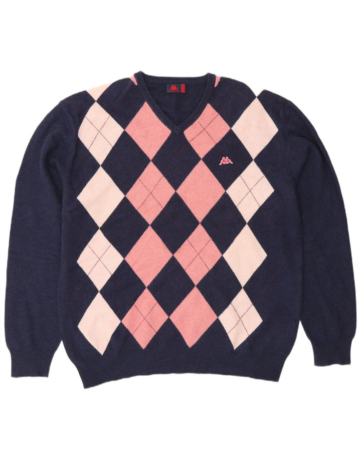 Kappa Mens V-Neck Jumper Sweater 2XL Navy Blue Argyle/Diamond Wool