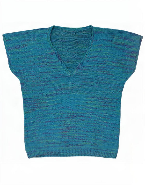 Vintage Womens Short Sleeve V-Neck Jumper Sweater UK 18 XL Blue Flecked