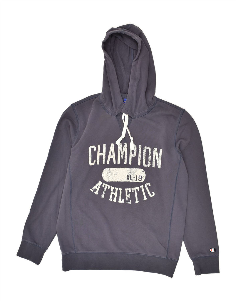 CHAMPION Mens Graphic Hoodie Jumper Medium Navy Blue Cotton | Vintage Champion | Thrift | Second-Hand Champion | Used Clothing | Messina Hembry 