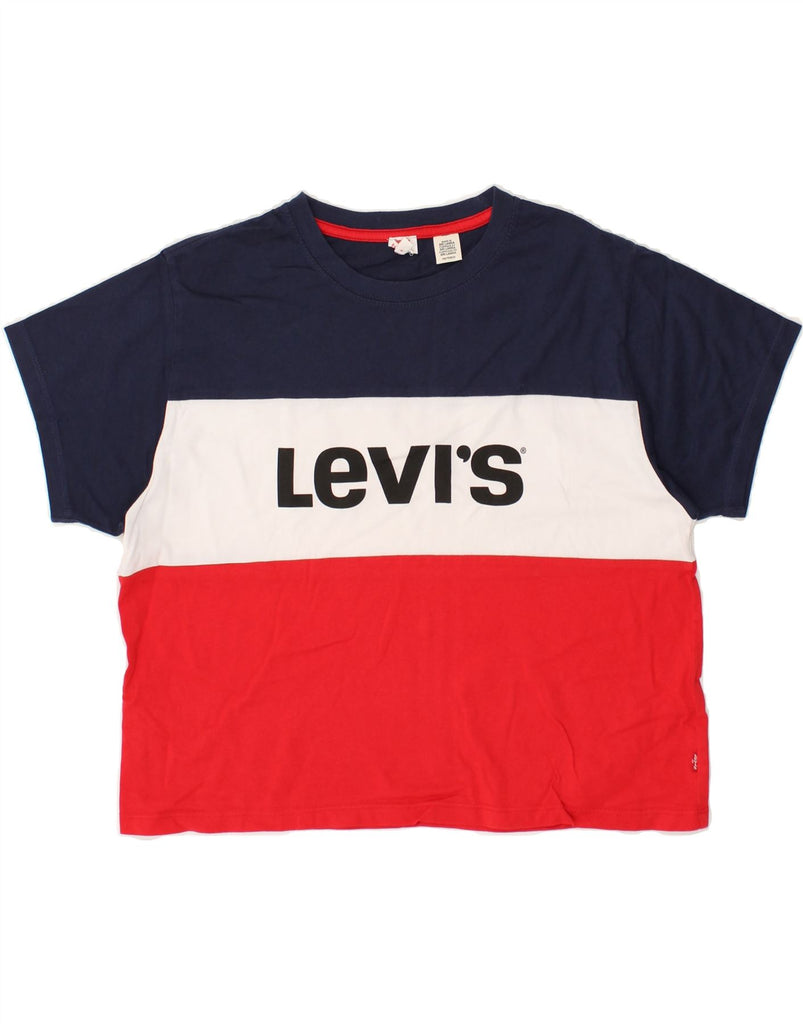 LEVI'S Womens Crop Graphic T-Shirt Top UK 6 XS Navy Blue Colourblock | Vintage Levi's | Thrift | Second-Hand Levi's | Used Clothing | Messina Hembry 