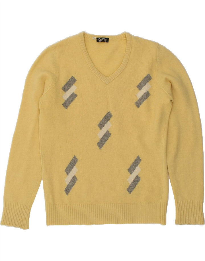 VINTAGE Womens Graphic V-Neck Jumper Sweater IT 52 Large Yellow Striped | Vintage Vintage | Thrift | Second-Hand Vintage | Used Clothing | Messina Hembry 