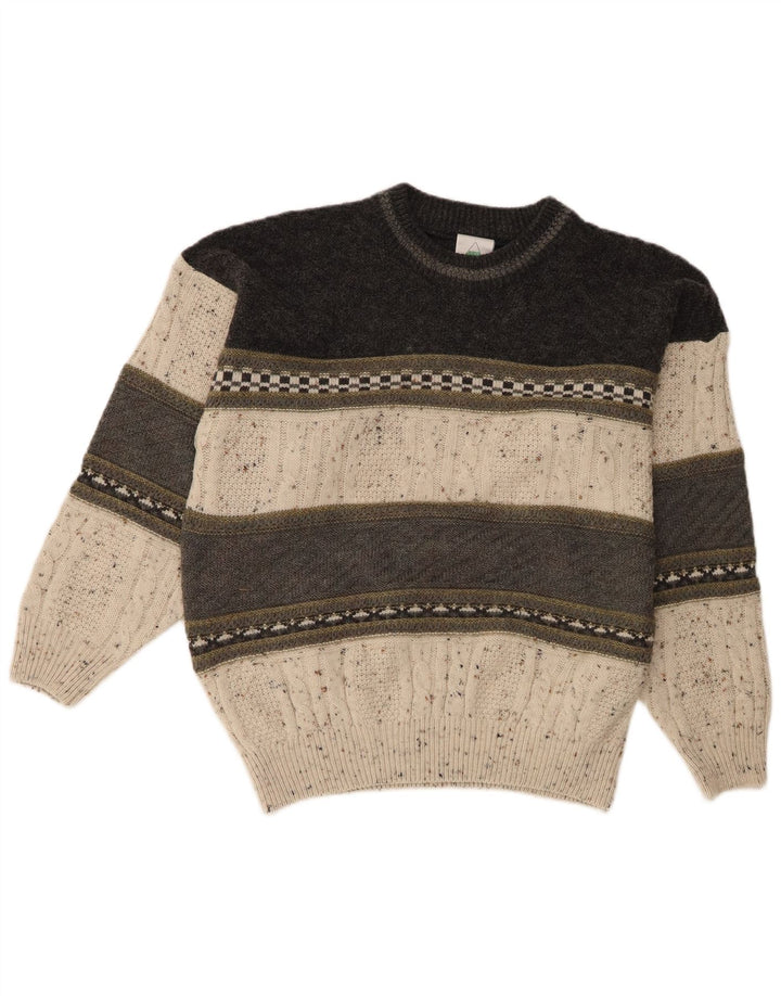 New Fast Mens Crew Neck Jumper Sweater Large Beige Colourblock Acrylic