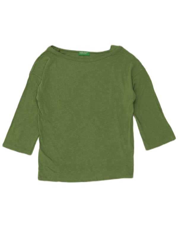 BENETTON Womens Crop Top 3/4 Sleeve UK 12 Medium Green Flecked Cotton