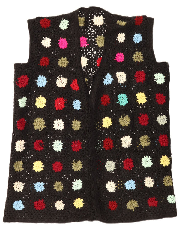 Vintage Womens Sleeveless Crochet Cardigan Sweater UK 16 Large Black Floral
