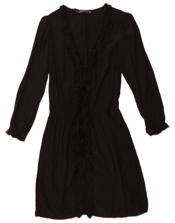 ZARA Womens Ruffle Front Long Sleeve A-Line Dress UK 12 Medium Black