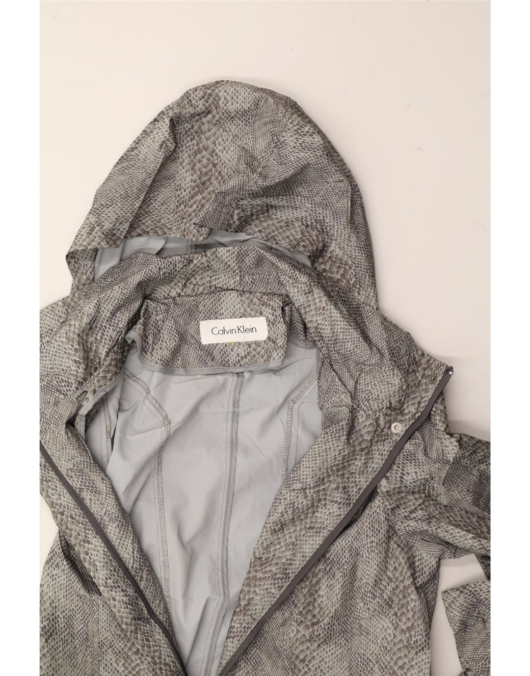 CALVIN KLEIN Womens Hooded Raincoat UK 14 Medium Grey Animal Print Vintage Calvin Klein and Second-Hand Calvin Klein from Messina Hembry 