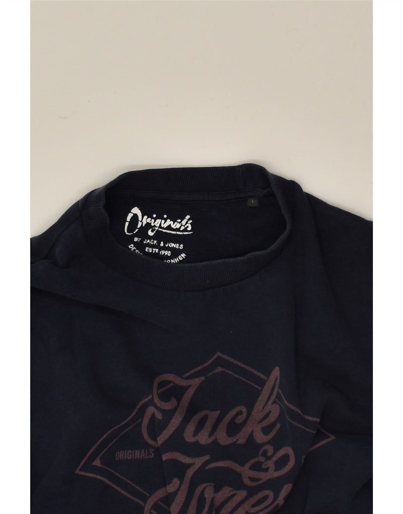 JACK & JONES Mens Graphic Sweatshirt Jumper Large Navy Blue Cotton | Vintage Jack & Jones | Thrift | Second-Hand Jack & Jones | Used Clothing | Messina Hembry 