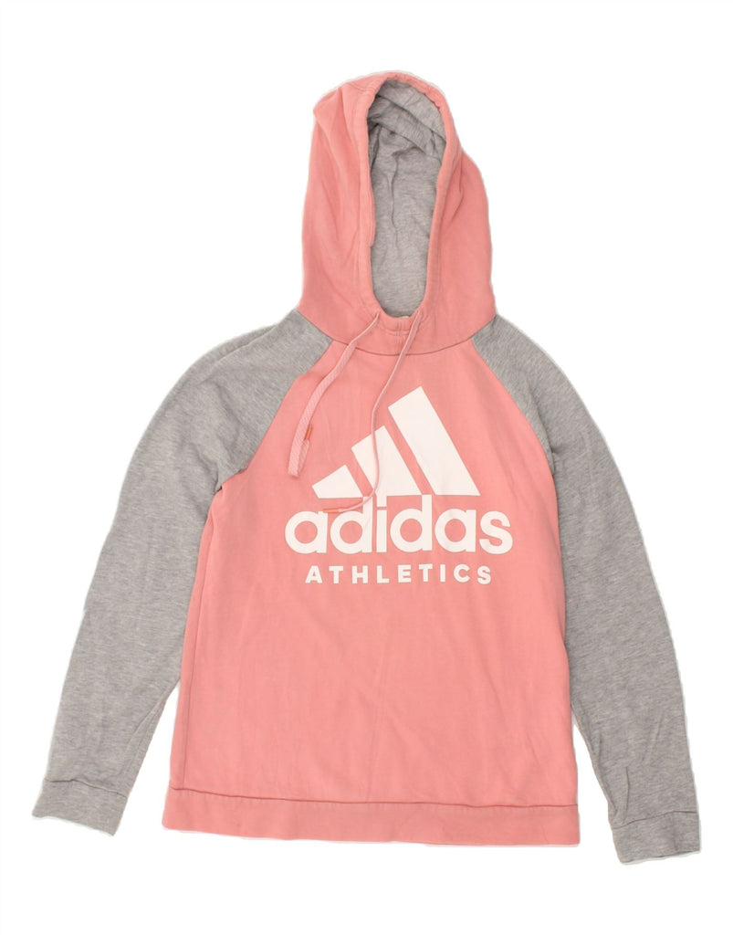 ADIDAS Womens Graphic Hoodie Jumper UK 12/14 Medium Pink Colourblock | Vintage Adidas | Thrift | Second-Hand Adidas | Used Clothing | Messina Hembry 