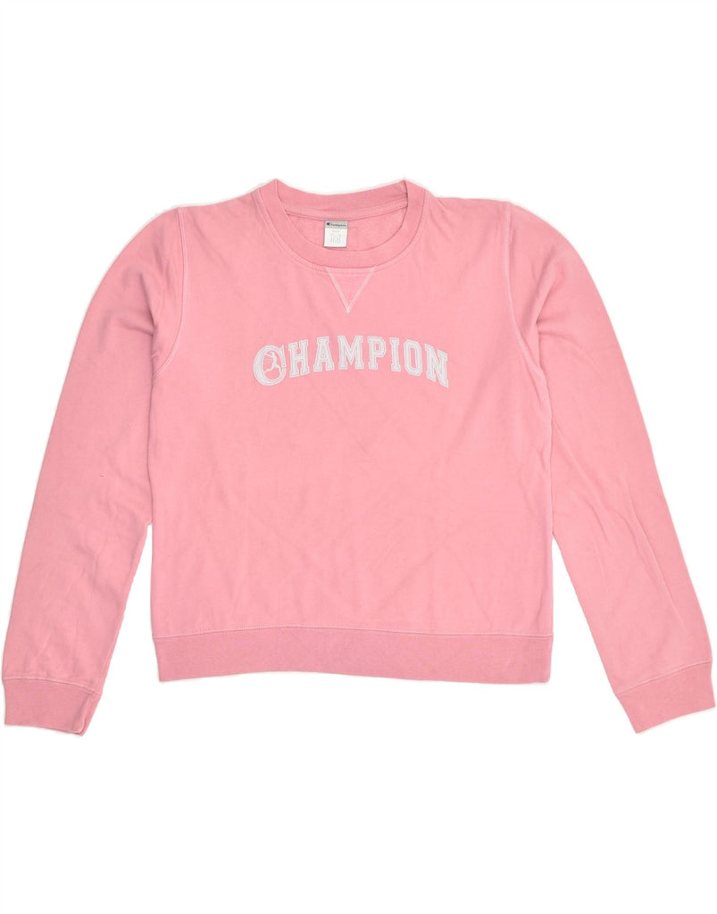 CHAMPION Womens Graphic Sweatshirt Jumper UK 14 Medium Pink Cotton | Vintage Champion | Thrift | Second-Hand Champion | Used Clothing | Messina Hembry 