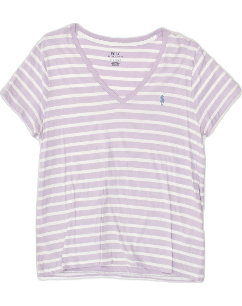 POLO RALPH LAUREN Womens T-Shirt Top UK 14 Large Purple Striped Cotton | Vintage Polo Ralph Lauren | Thrift | Second-Hand Polo Ralph Lauren | Used Clothing | Messina Hembry 