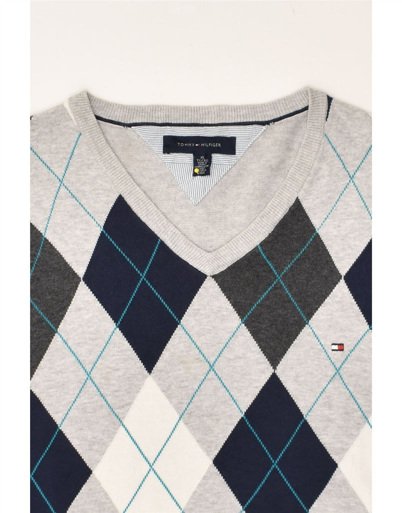 TOMMY HILFIGER Mens V-Neck Jumper Sweater XL Grey Argyle/Diamond Cotton | Vintage Tommy Hilfiger | Thrift | Second-Hand Tommy Hilfiger | Used Clothing | Messina Hembry 