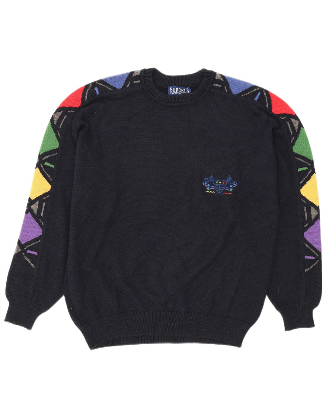 Bueckle Mens Crew Neck Jumper Sweater IT 48 Medium Navy Blue Geometric
