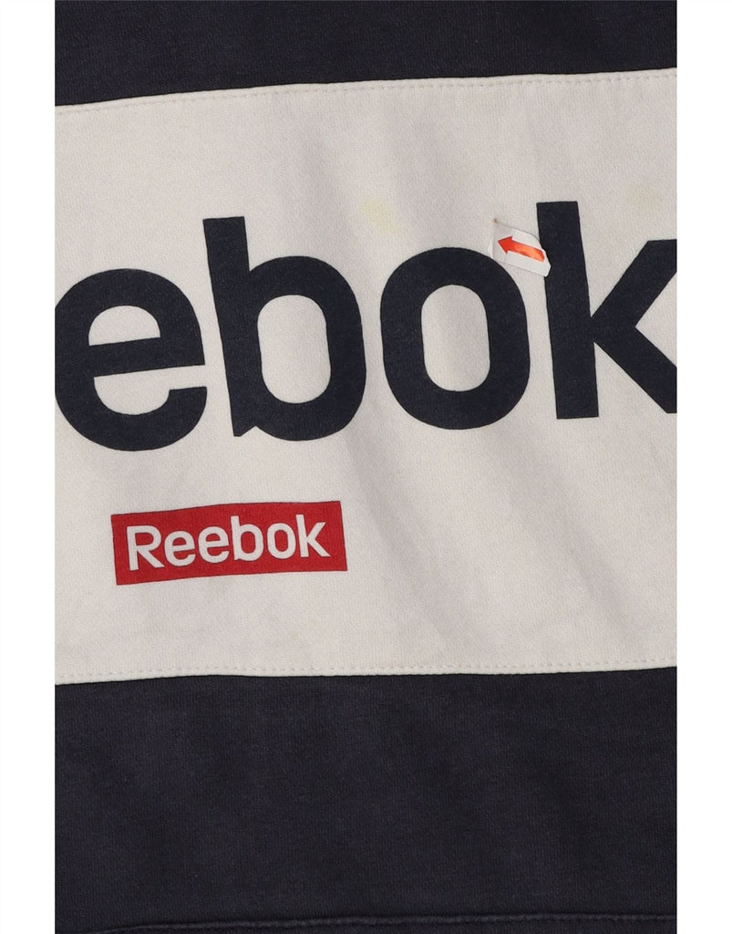 REEBOK Mens Graphic Hoodie Jumper Medium Navy Blue Colourblock Cotton Vintage Reebok and Second-Hand Reebok from Messina Hembry 