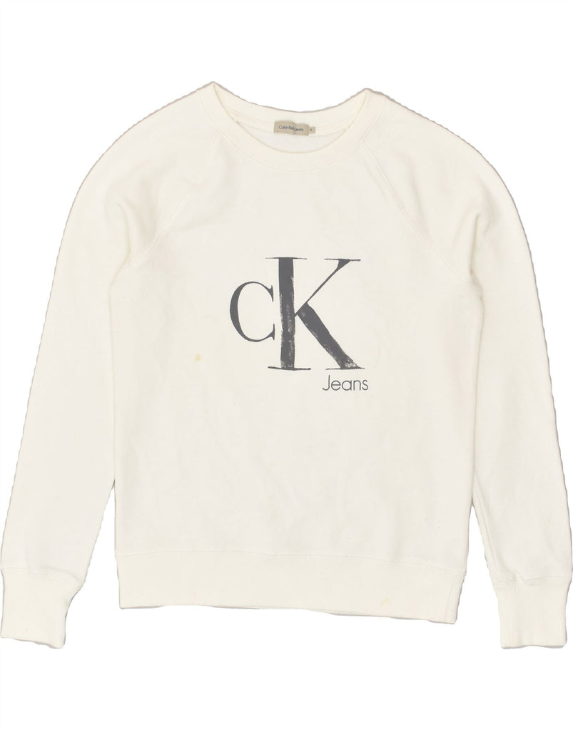 CALVIN KLEIN Womens Graphic Sweatshirt Jumper UK 10 Small White Cotton | Vintage Calvin Klein | Thrift | Second-Hand Calvin Klein | Used Clothing | Messina Hembry 