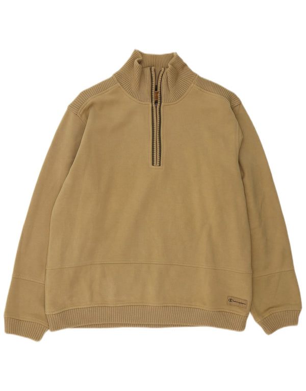 Champion Mens Zip Neck Sweatshirt Jumper Large Khaki Cotton