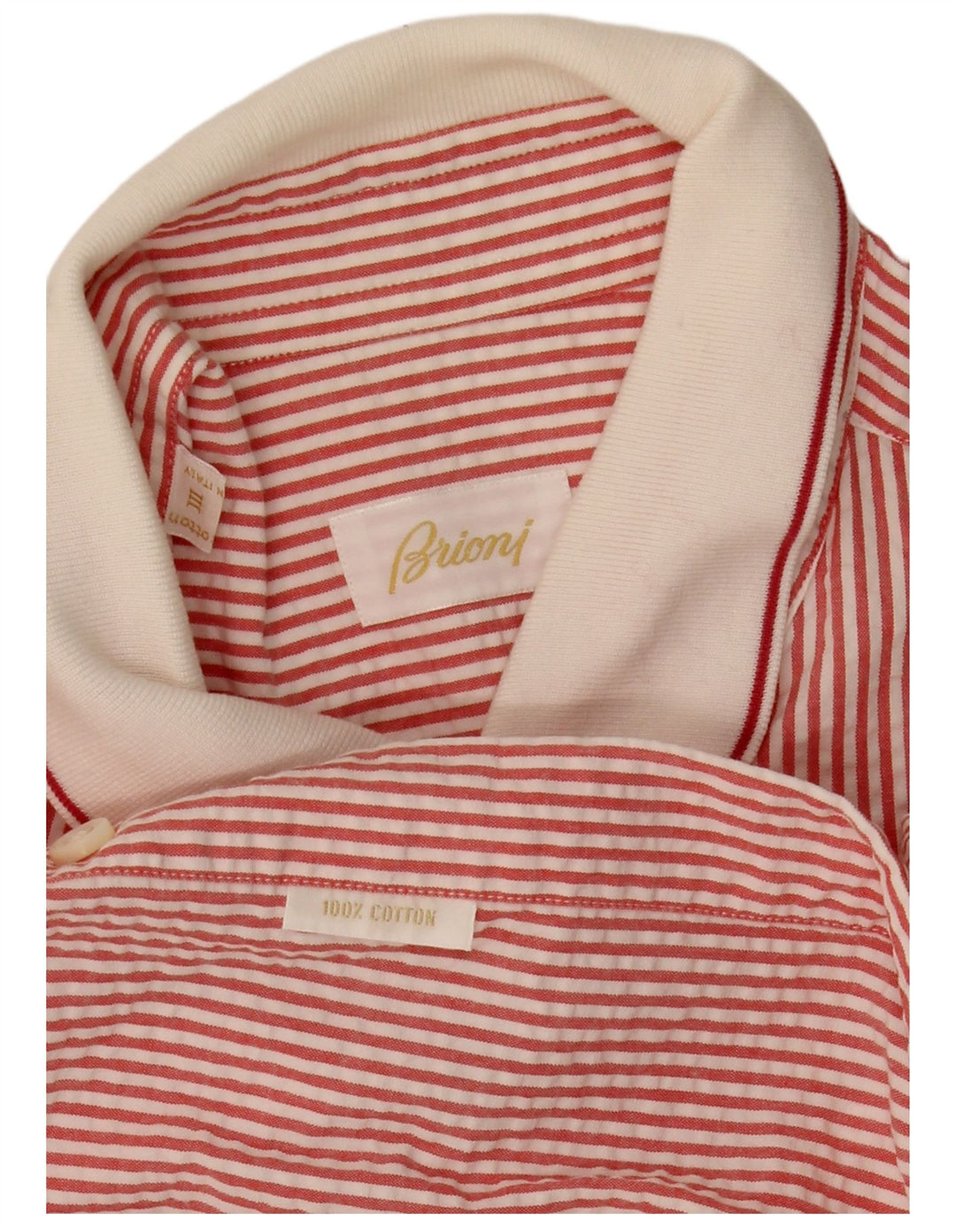 Brioni Mens Short Sleeve Shirt Medium Red Pinstripe Cotton