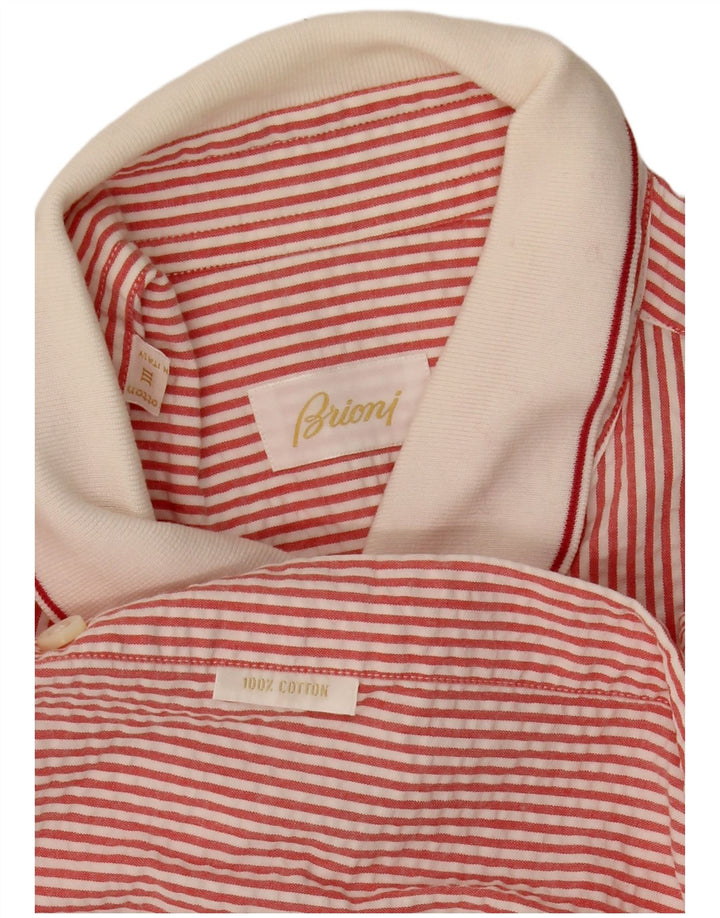 Brioni Mens Short Sleeve Shirt Medium Red Pinstripe Cotton