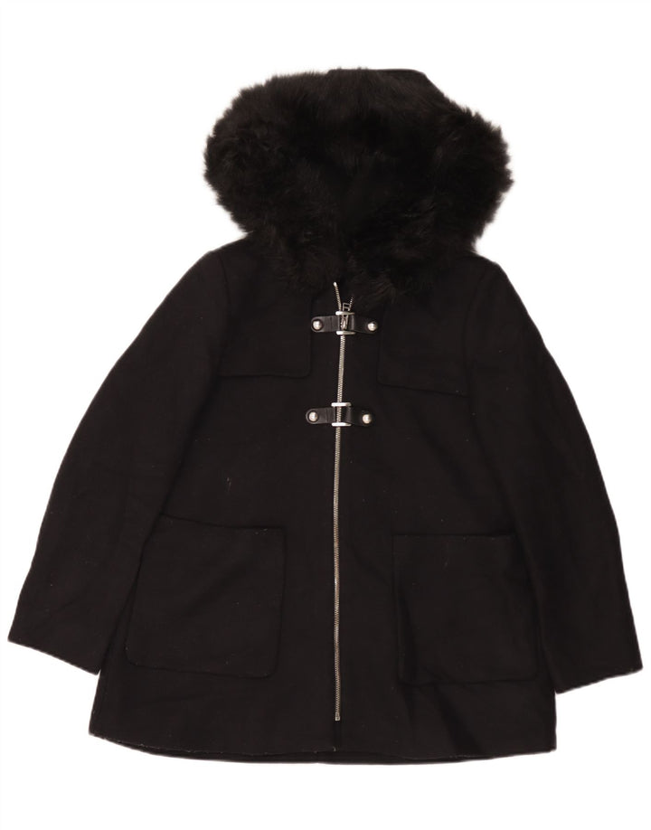 Zara Womens Hooded Oversized Overcoat UK 10 Small Black Wool