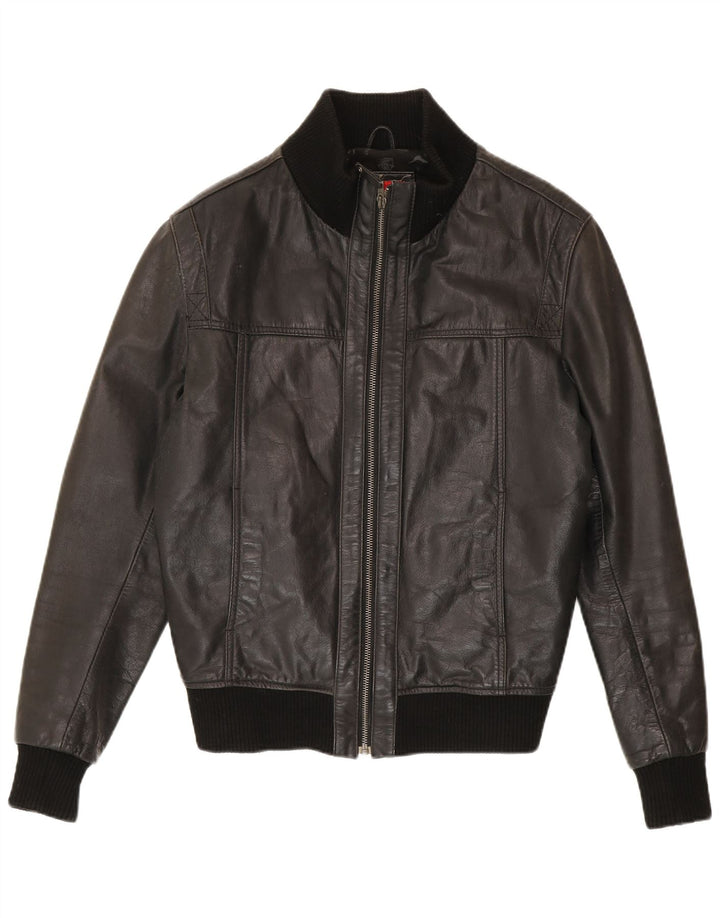 Celio Mens Bomber Leather Jacket UK 40 Large Black Leather