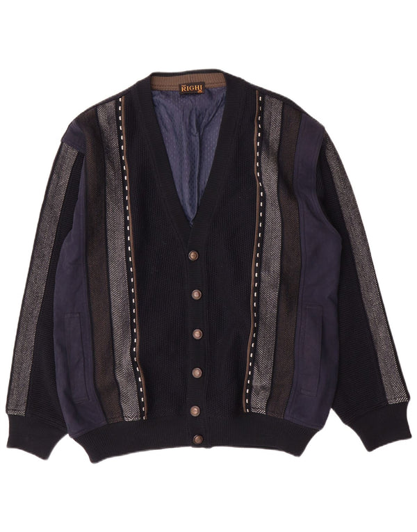Vintage Mens Cardigan Sweater Large Navy Blue Striped