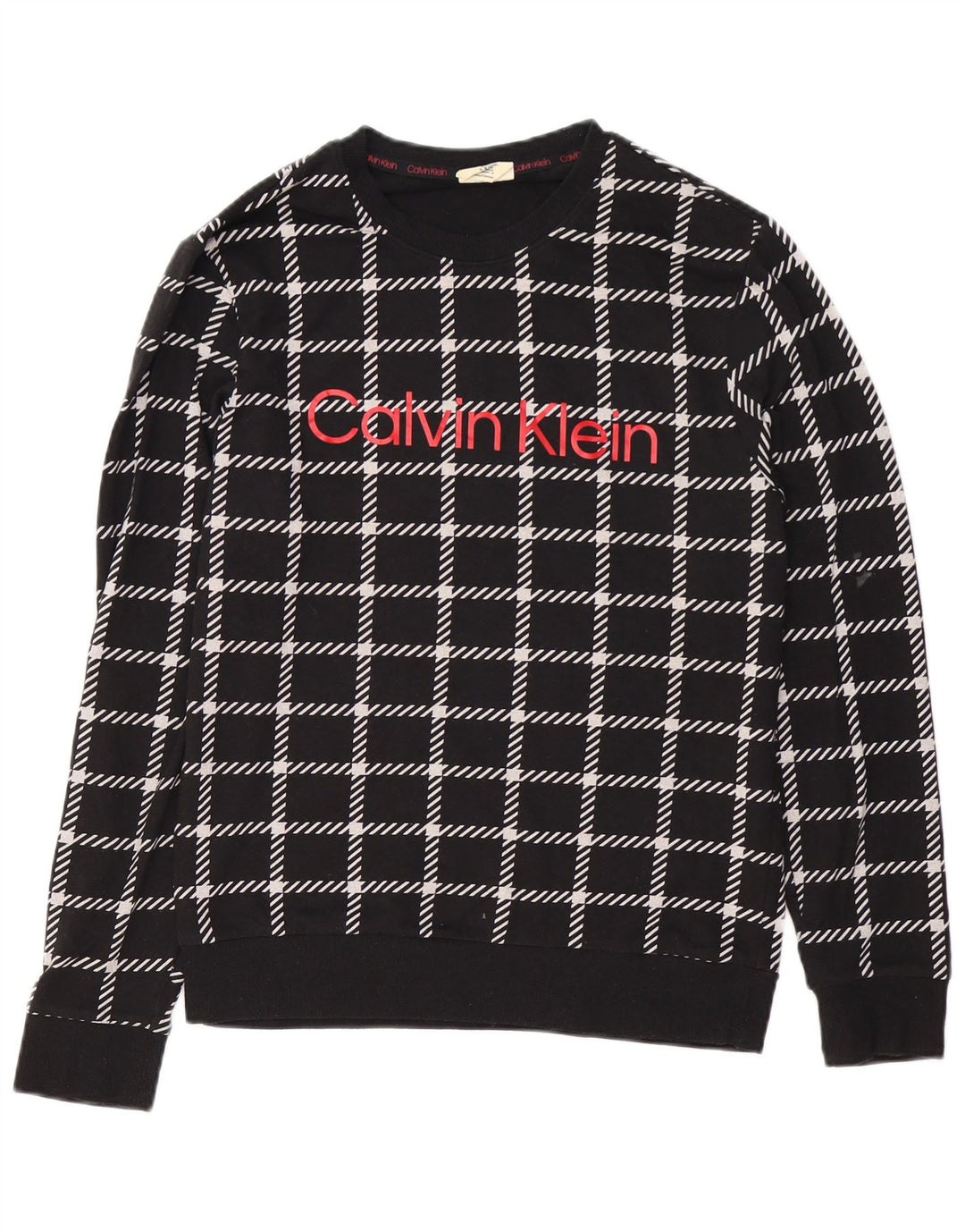 CALVIN KLEIN Mens Graphic Sweatshirt Jumper Small Black Check Cotton
