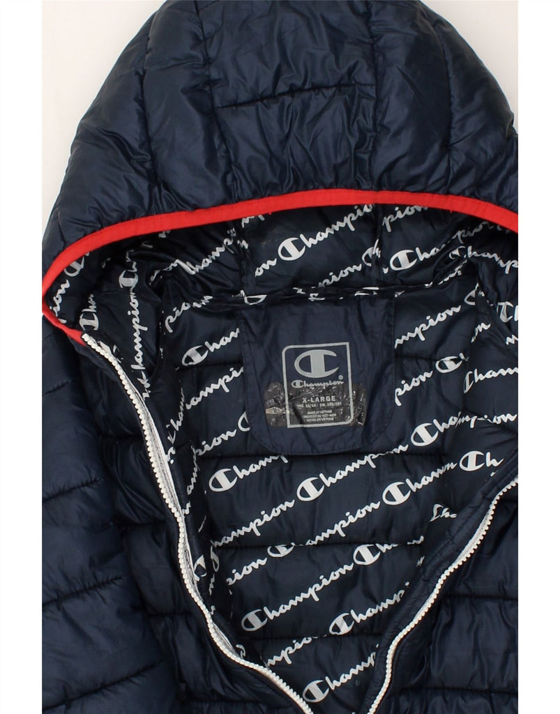 CHAMPION Boys Hooded Padded Jacket 13-14 Years XL Navy Blue Polyester | Vintage Champion | Thrift | Second-Hand Champion | Used Clothing | Messina Hembry 