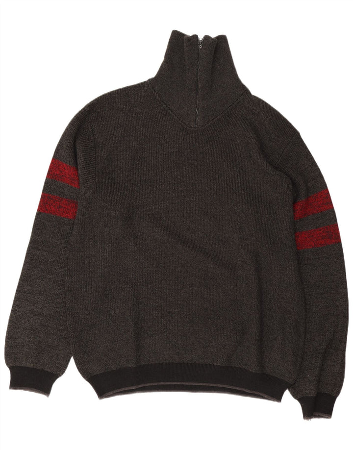 Vintage Mens Zip Neck Jumper Sweater Large Grey Striped New Wool