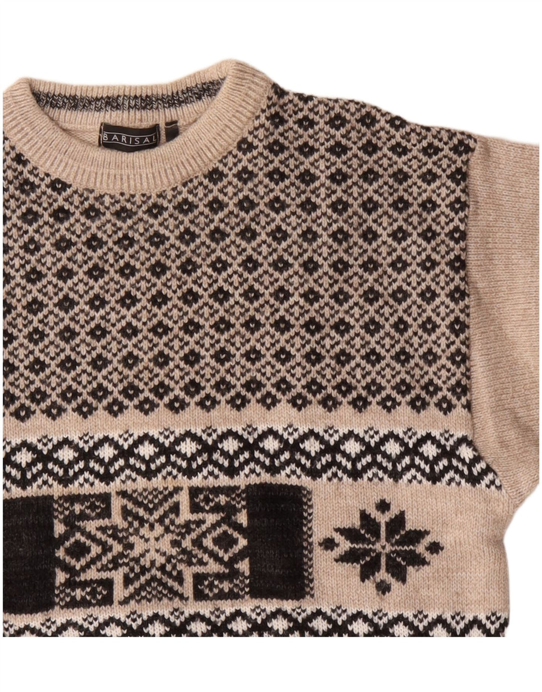 Barisal Mens Boat Neck Jumper Sweater Medium Beige Fair Isle Polyacrylic