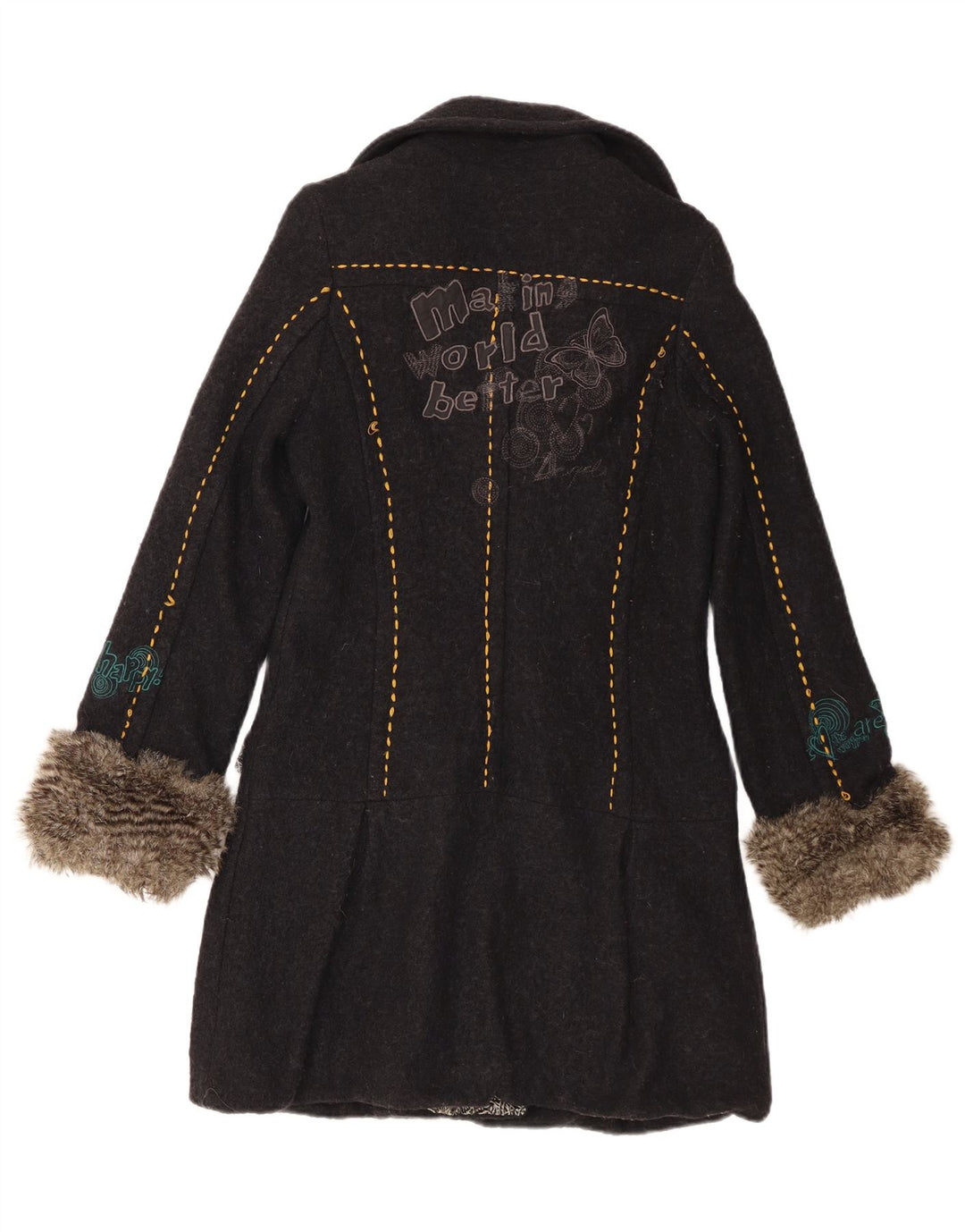 Desigual Womens Graphic Double Breasted Coat EU 40 Medium Black Floral