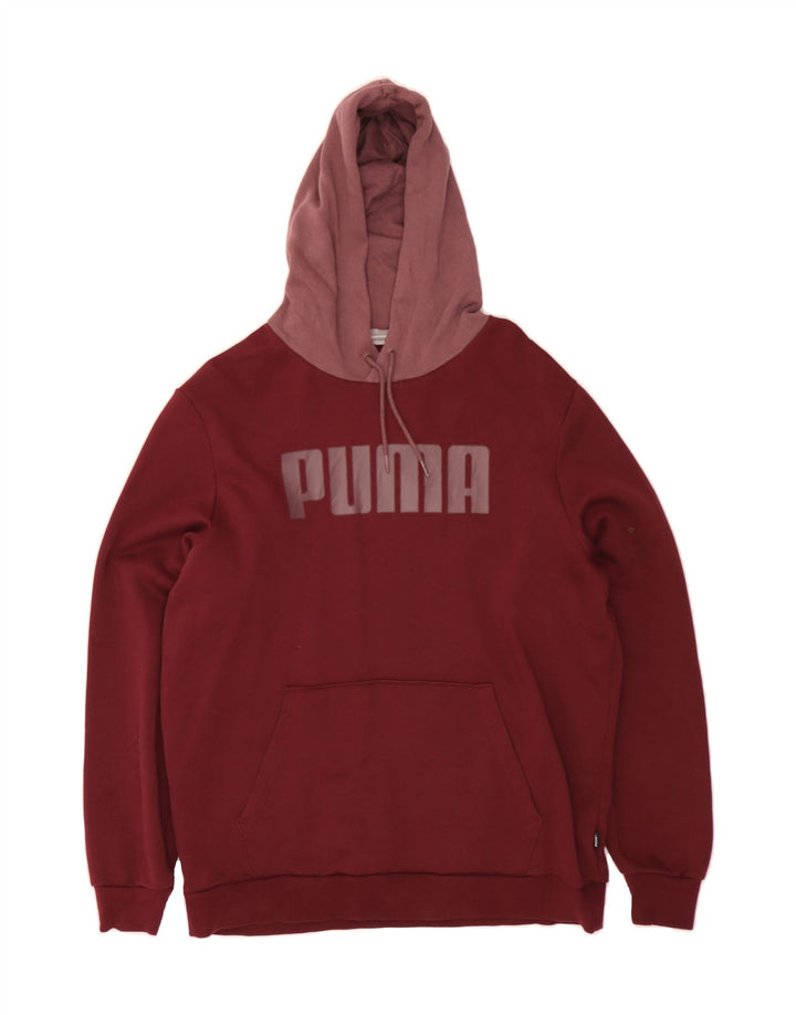 PUMA Mens Graphic Hoodie Jumper Large Maroon Colourblock Cotton Vintage Puma and Second-Hand Puma from Messina Hembry 