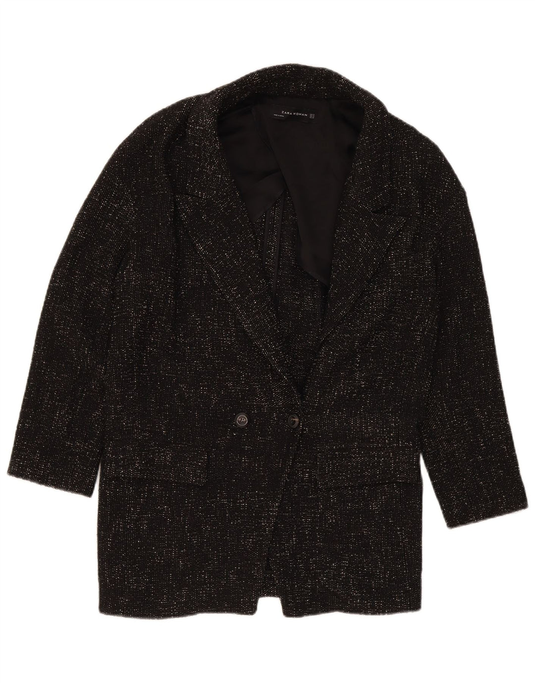 Zara Womens Oversized Double Breasted Coat UK 6 XS Black Polyester