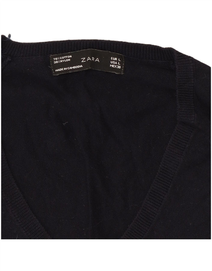 Zara Womens V-Neck Jumper Sweater UK 14 Large Navy Blue