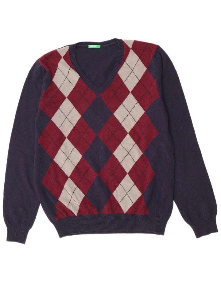 Benetton Mens V-Neck Jumper Sweater Large Navy Blue Argyle/Diamond Wool