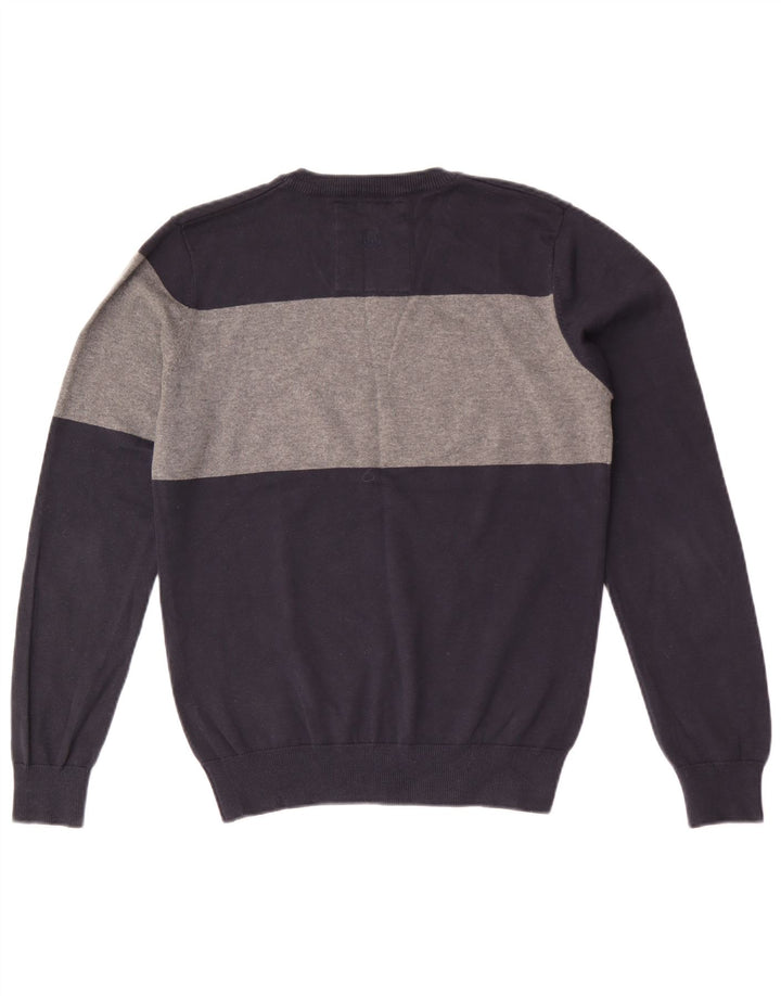 Jack & Jones Mens V-Neck Jumper Sweater Medium Navy Blue Colourblock Cotton