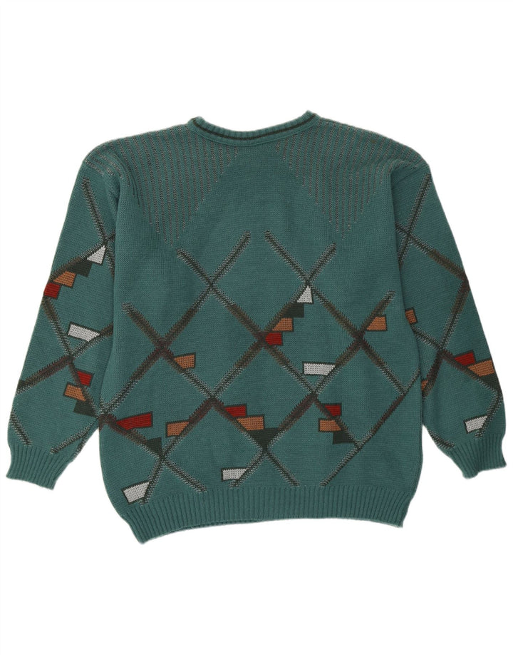 Vintage Mens Crew Neck Jumper Sweater Medium Green Geometric