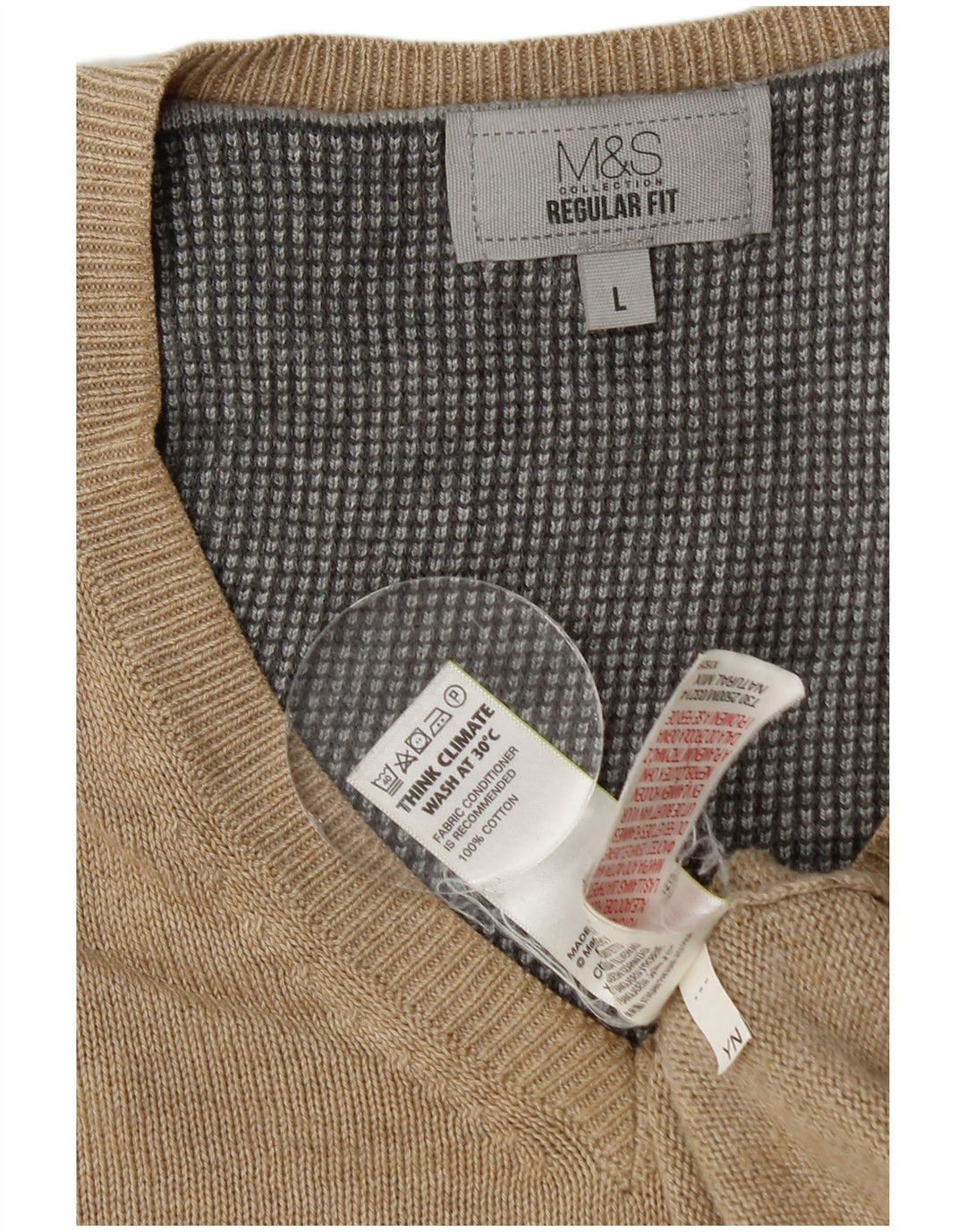Marks & Spencer Mens Regular Fit V-Neck Jumper Sweater Large Beige Cotton