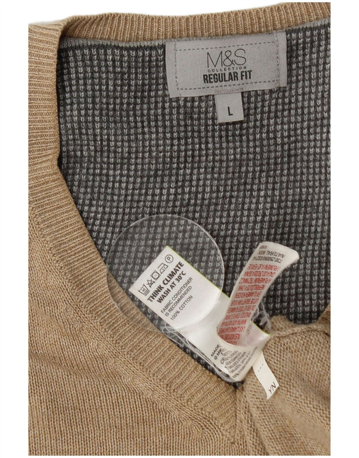 Marks & Spencer Mens Regular Fit V-Neck Jumper Sweater Large Beige Cotton