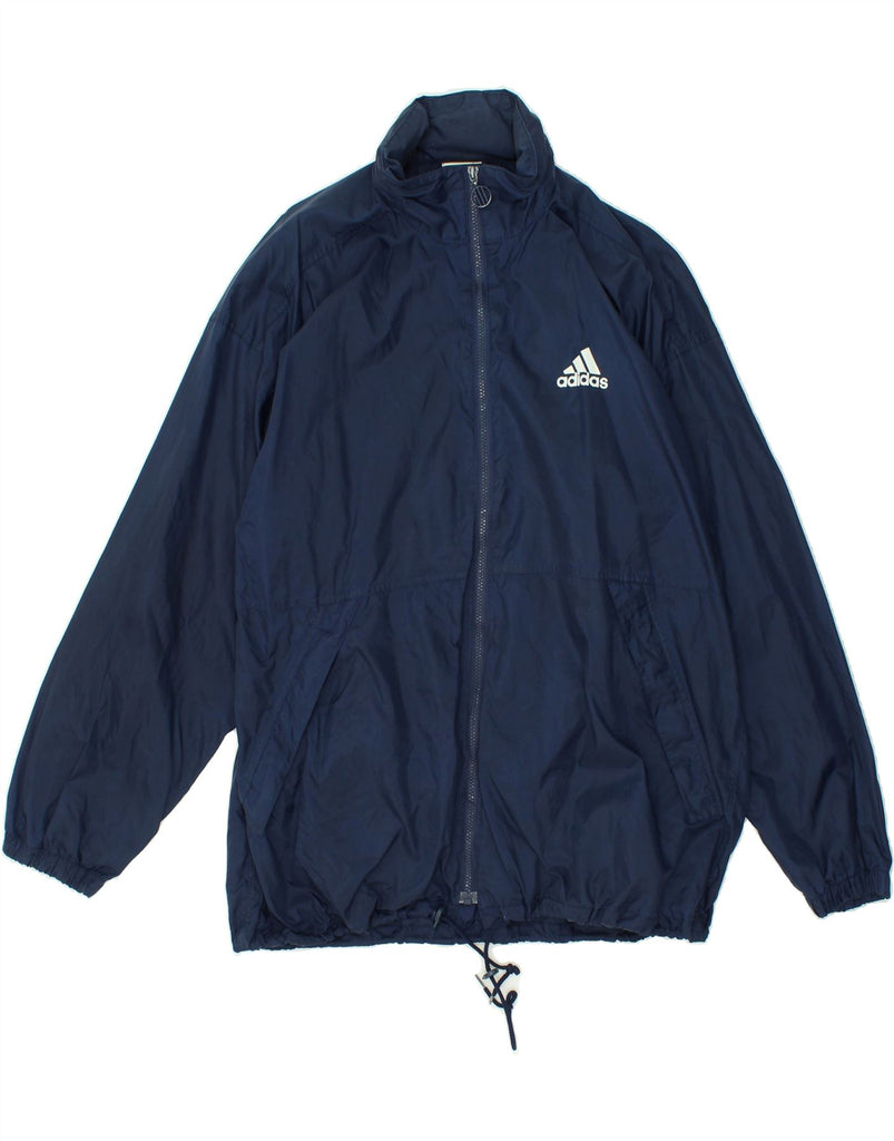 ADIDAS Mens Graphic Hooded Rain Jacket UK 42/44 Large Navy Blue Nylon Vintage Adidas and Second-Hand Adidas from Messina Hembry 