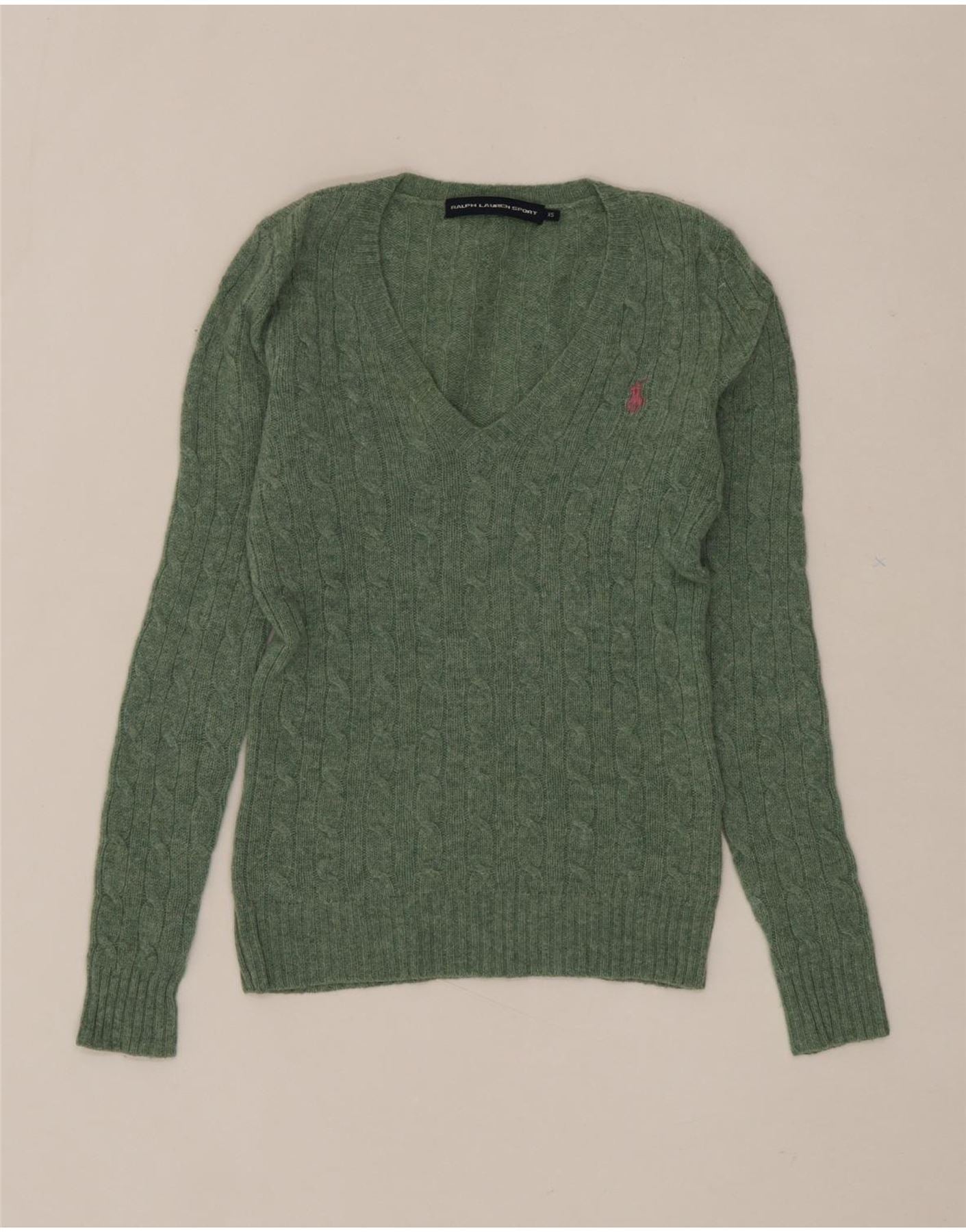 RALPH LAUREN Womens V-Neck Jumper Sweater UK 6 XS Green Lambswool Vintage Ralph Lauren and Second-Hand Ralph Lauren from Messina Hembry 